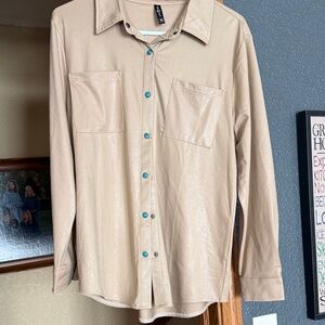 Stylish Beige Button-Down Shirt with Teal Accents